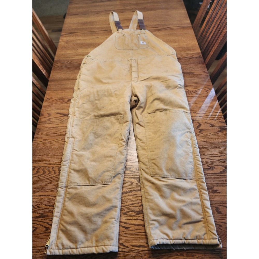 Carhartt Overalls Mens 50x32 Quilt Lined Work Bib Pants‎ R03 Brown Double Knees